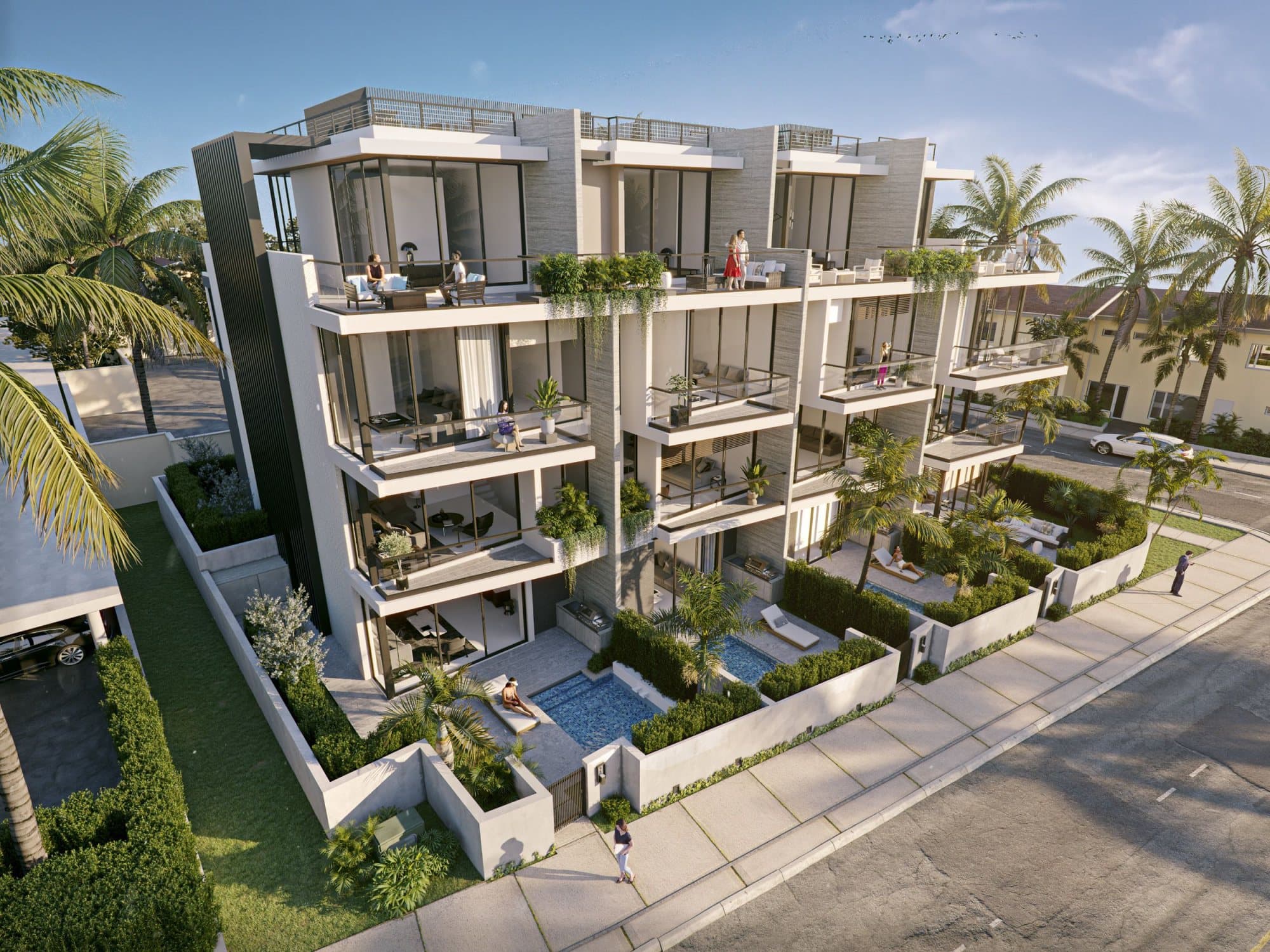 Aerial rendering of the Finesse townhomes and their private pools