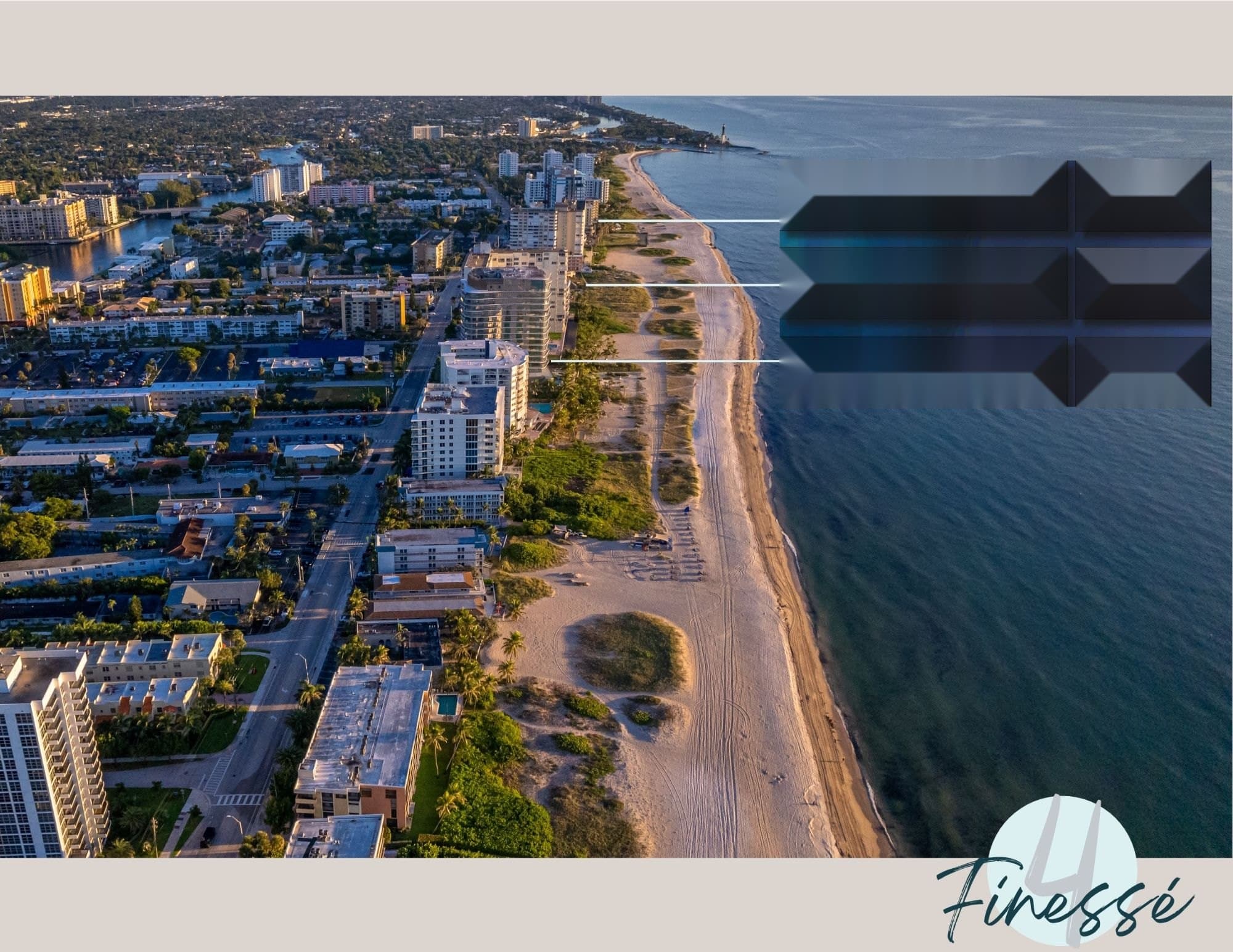 Aerial view north along Pompano Beach toward the Hillsboro lighthouse, marking three nearby condominium developments