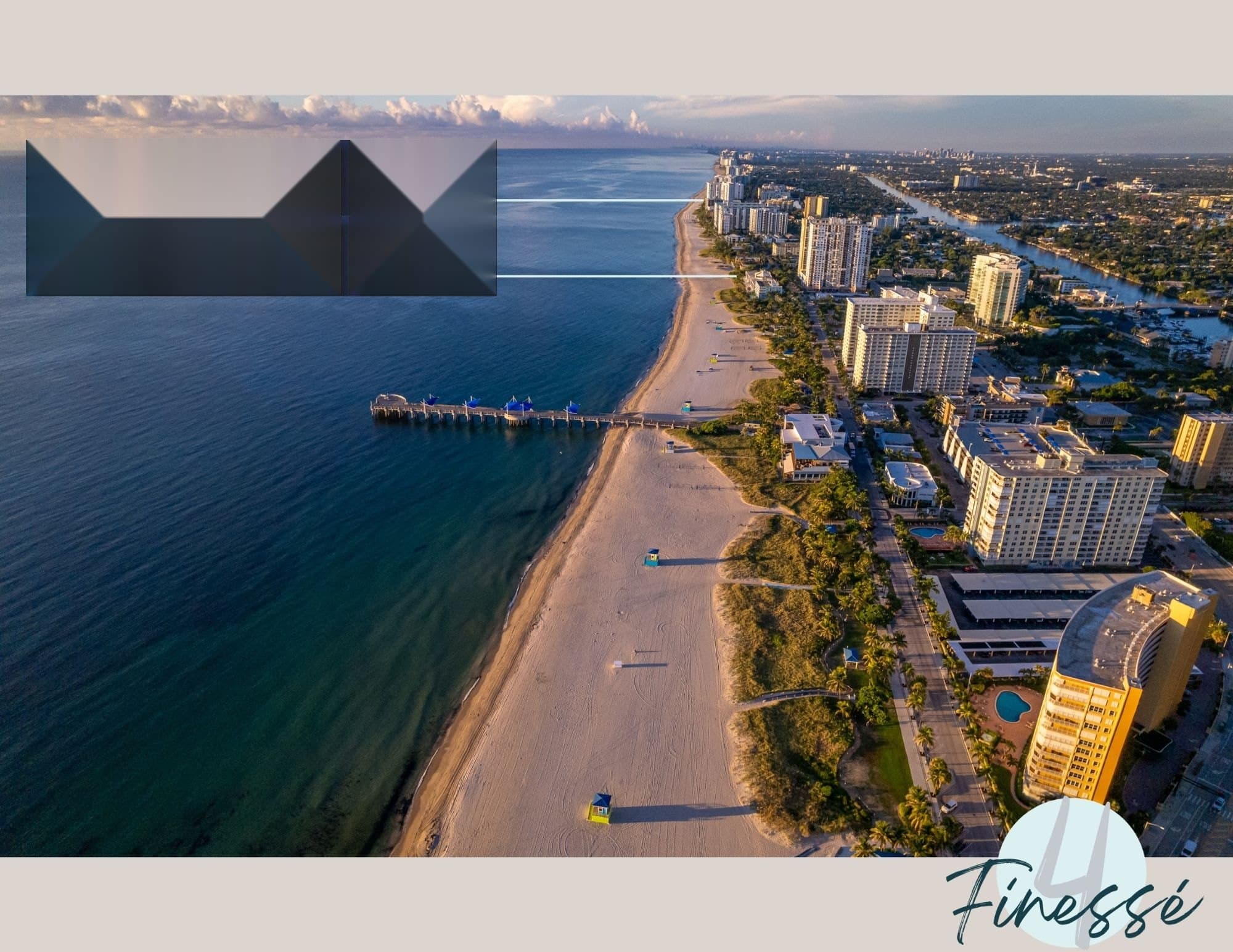 Aerial view south along Pompano Beach and the pier, marking two nearby developments