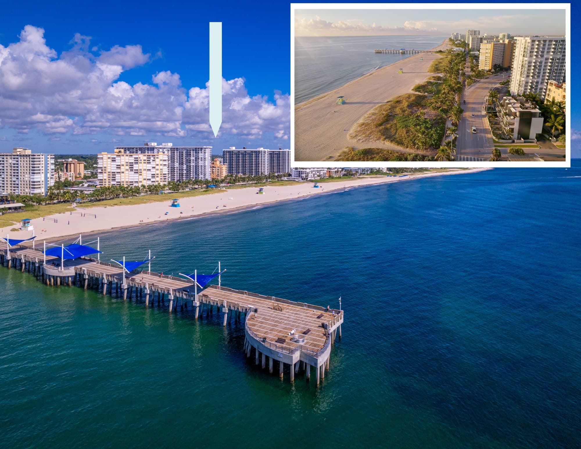 Aerial view of the Pompano Beach pier, with an arrow marking the Finesse site and an inset of the beachfront