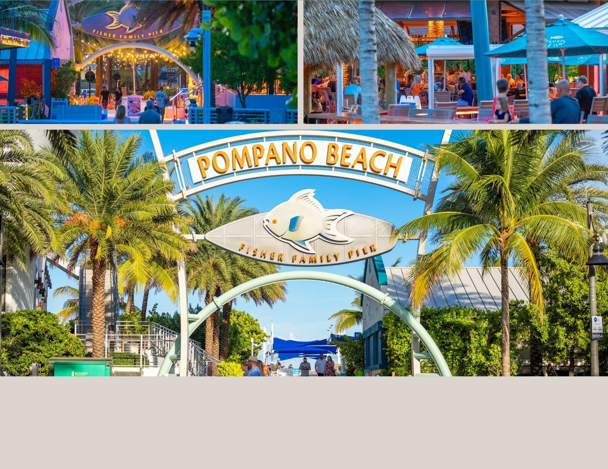 The Fisher Family Pier entrance arch and waterfront dining at the Pompano Beach pier