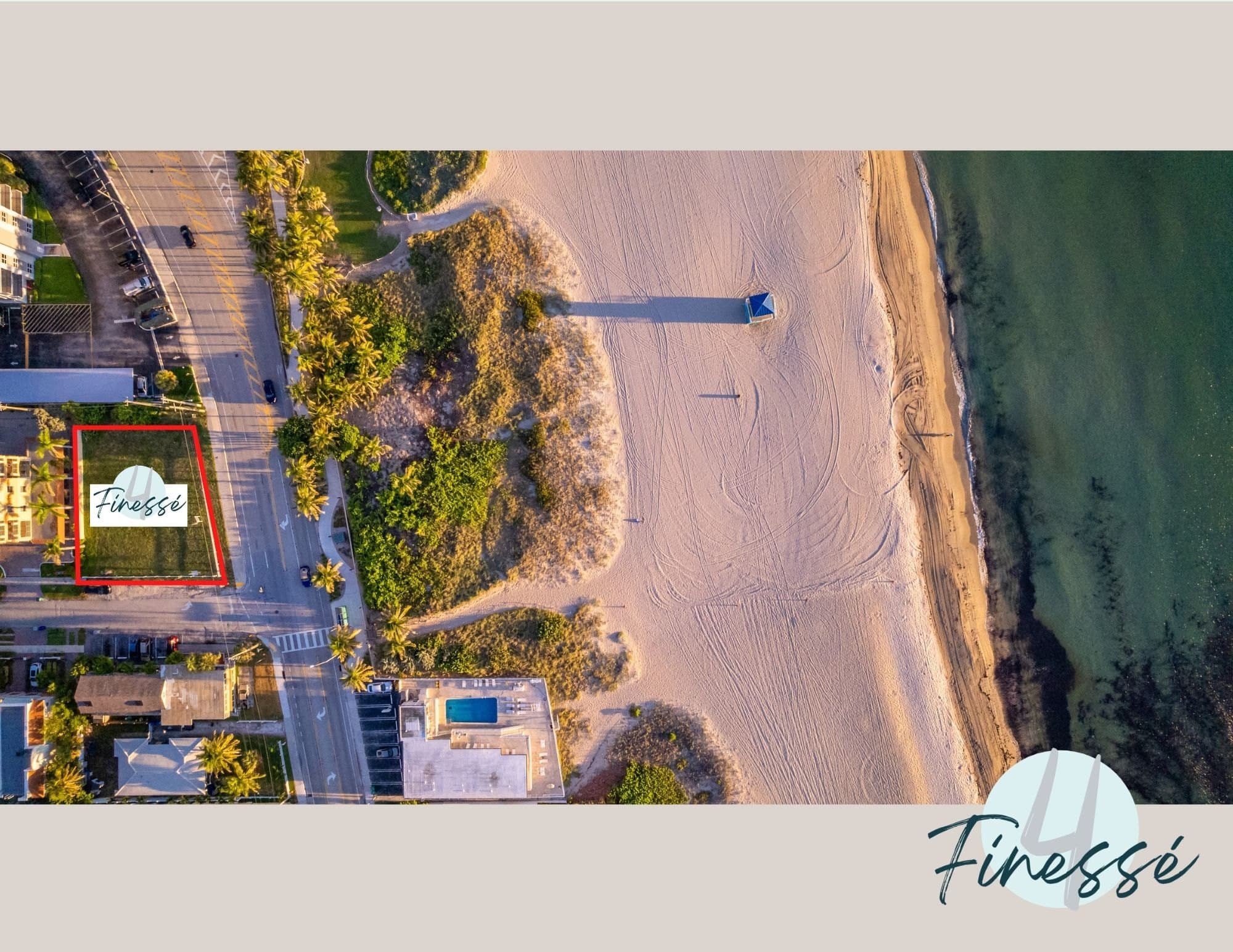 Overhead aerial of the Finesse lot, outlined in red, across North Ocean Boulevard from the dunes and beach