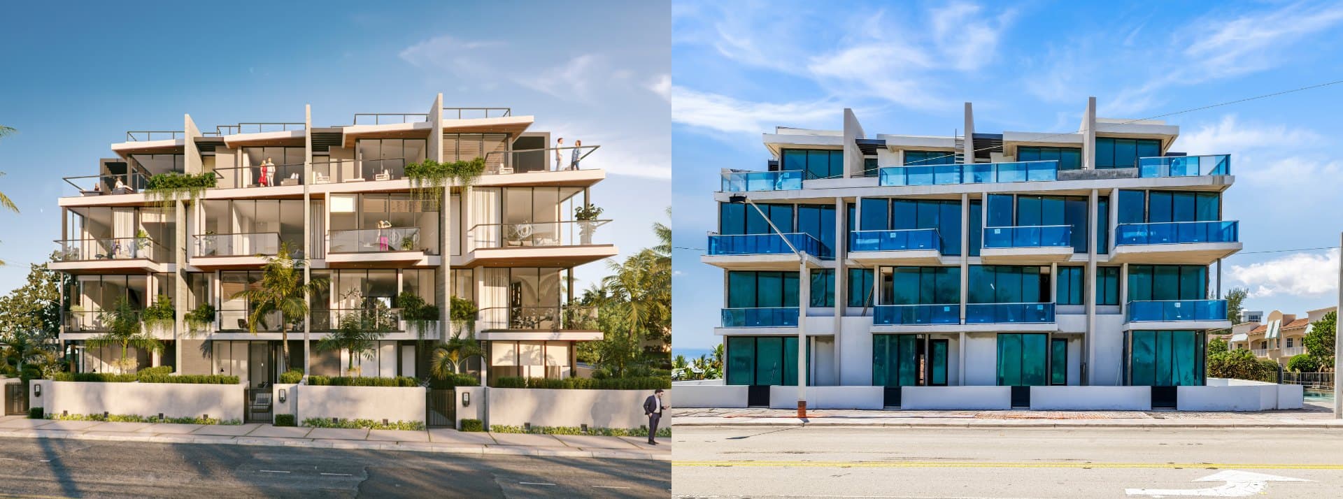 The street facade rendering beside a May 2026 photo of the building under construction
