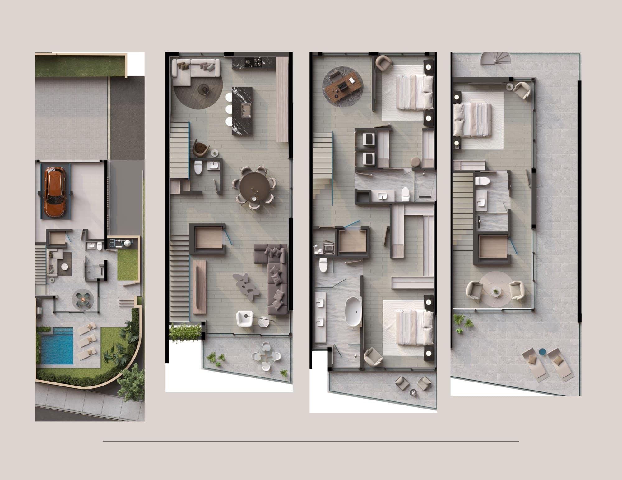Townhouse One floor plans, first to fourth floor